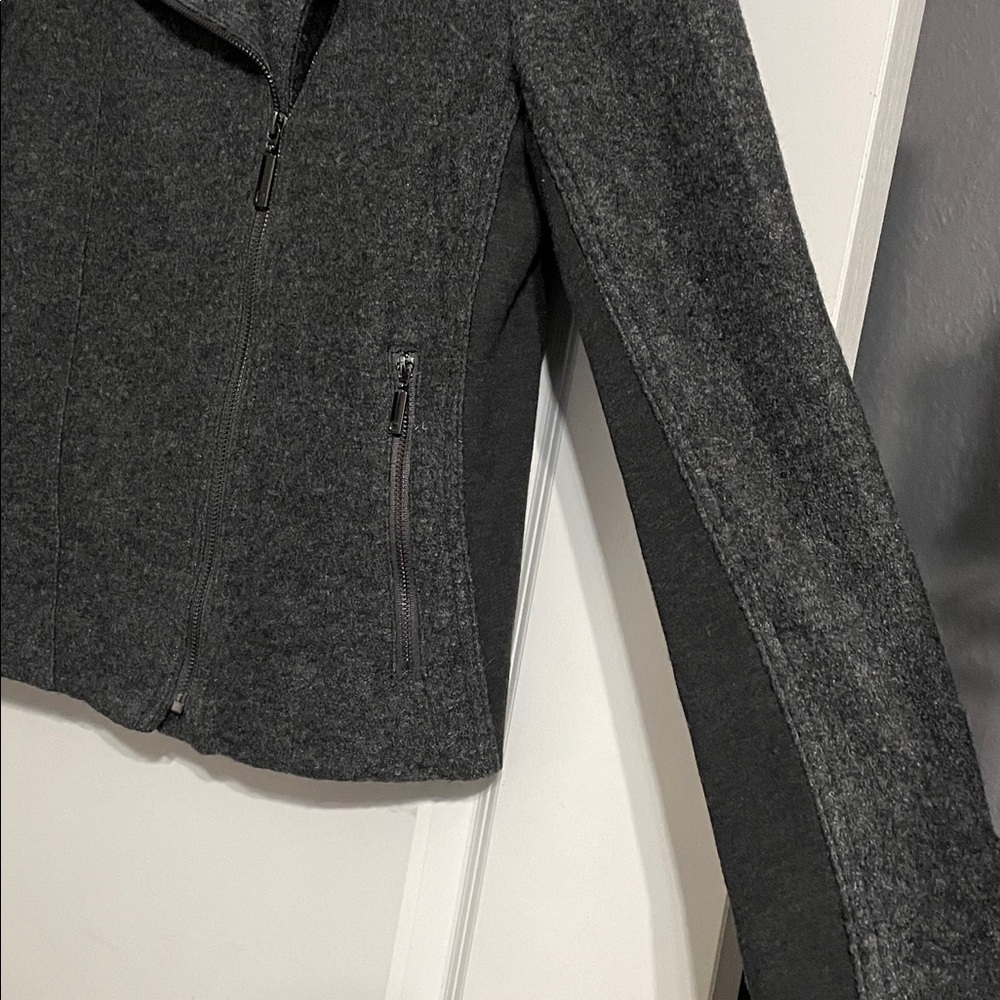 CHICOS Gray Boiled Wool Blend Knit Zip Front Moto Biker Jacket Coat Size Medium - Picture 8 of 15